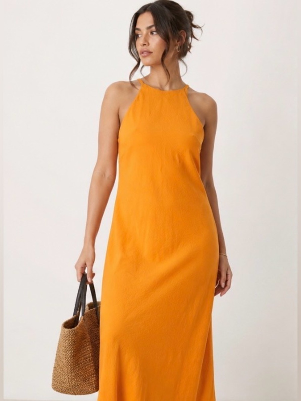 ASOS Design Mango Orange Slip Shift High Neck Midi Fall Wedding Guest Dress